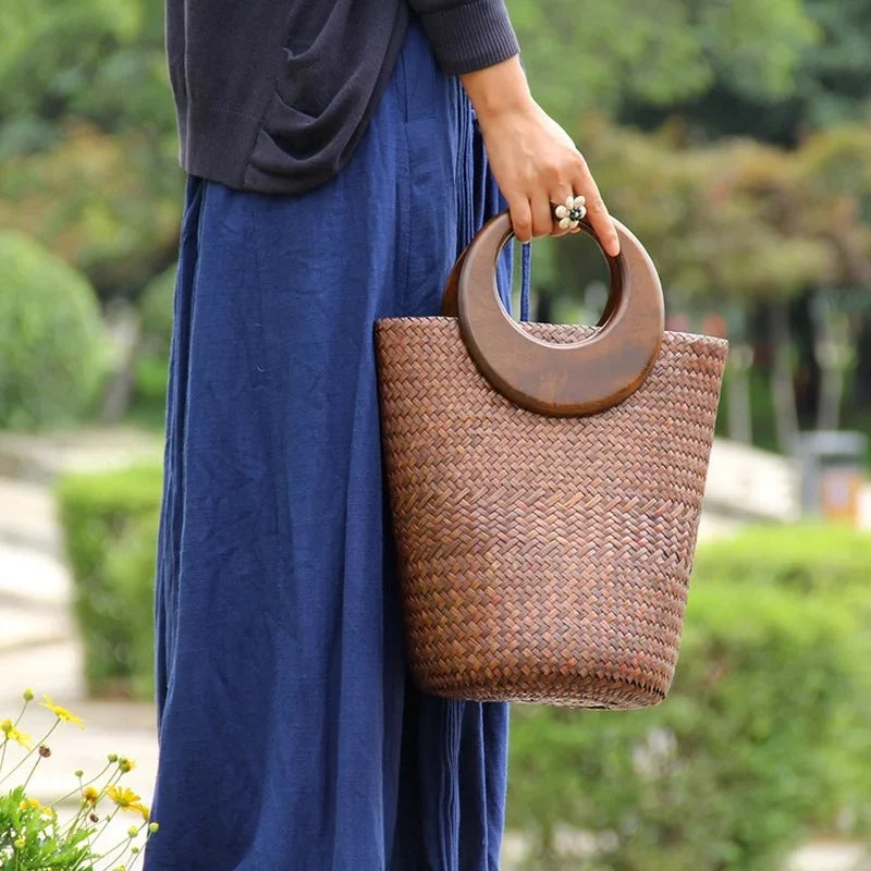 Femlion Woven Rattan Straw Handbag with Wooden Handle