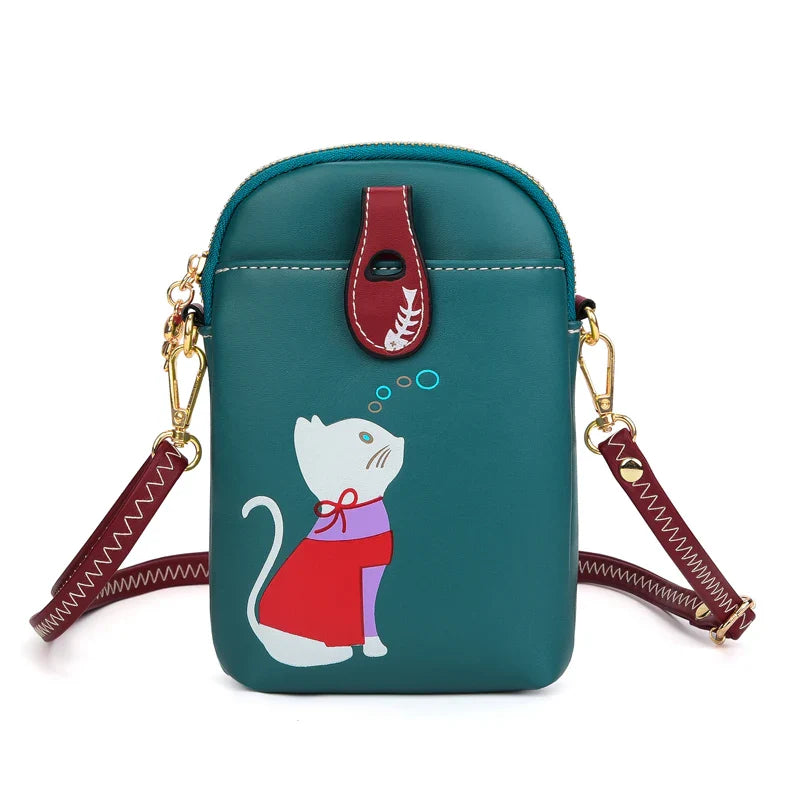 Femlion Cute Cat Shoulder Bag Crossbody Phone Case Blue PU Leather Women's Bag