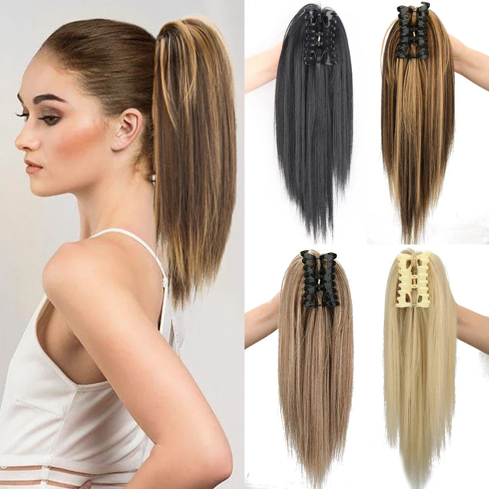 Femlion 16" Heat Resistant Claw Clip Ponytail Extensions, Blonde/Brown Straight Pony Tail