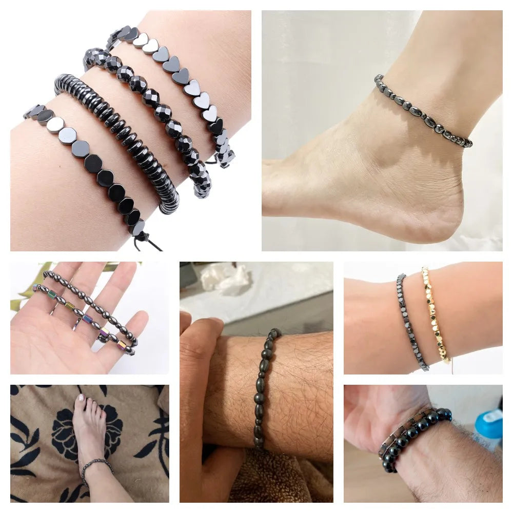 Femlion Geometric Black Hematite Stone Therapy Bracelet for Weight Loss