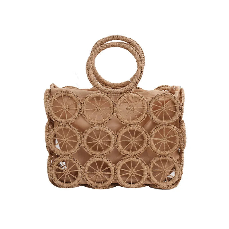 Femlion Straw Beach Handbag Large Capacity Woven Wheel Circular Bag