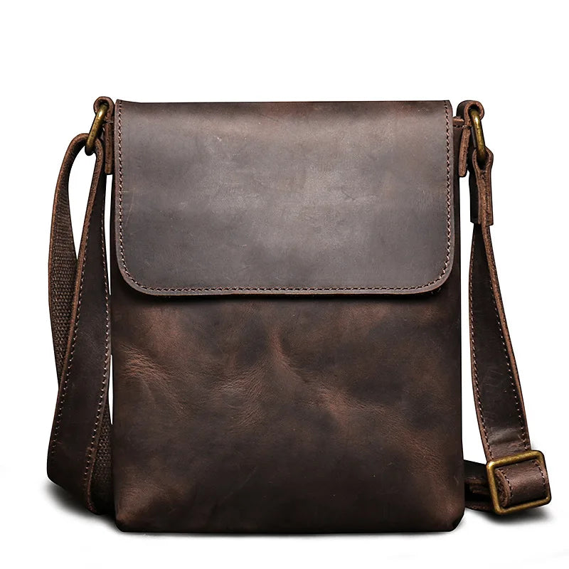 Femlion Vintage Cowhide Crossbody Bag for Men | Genuine Leather Large Capacity iPad Shoulder Bag