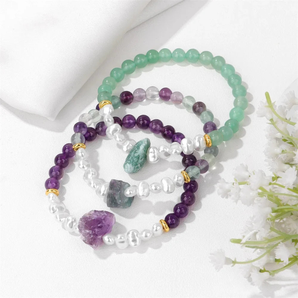 Fluorite & White Pearl Bracelet by Femlion - Natural Stone Stretch Bangle for Women