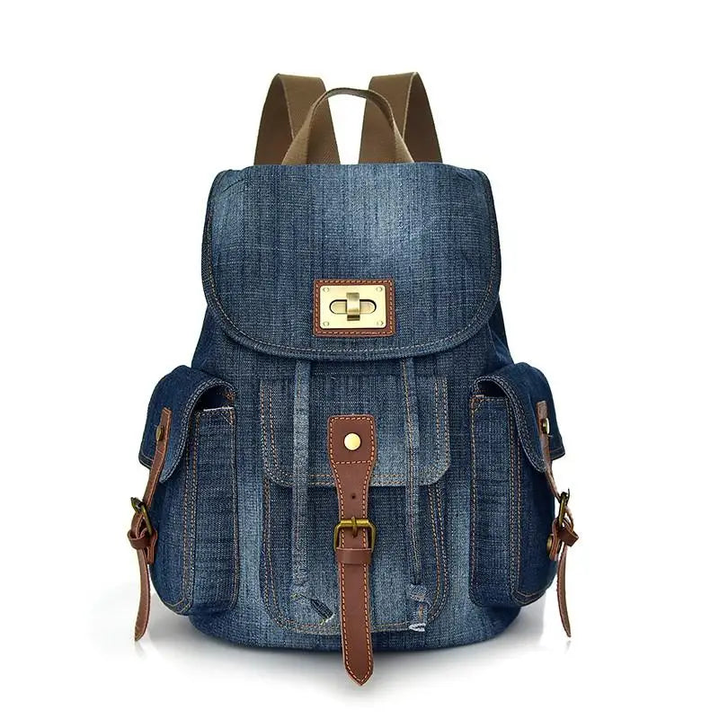 Femlion Denim Rucksack Drawstring Backpack for College Girls