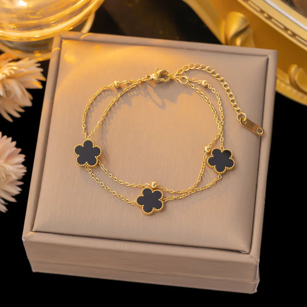 Femlion Stainless Steel Plum Blossom Flower Bracelet Double Layer Chain Acrylic Jewelry