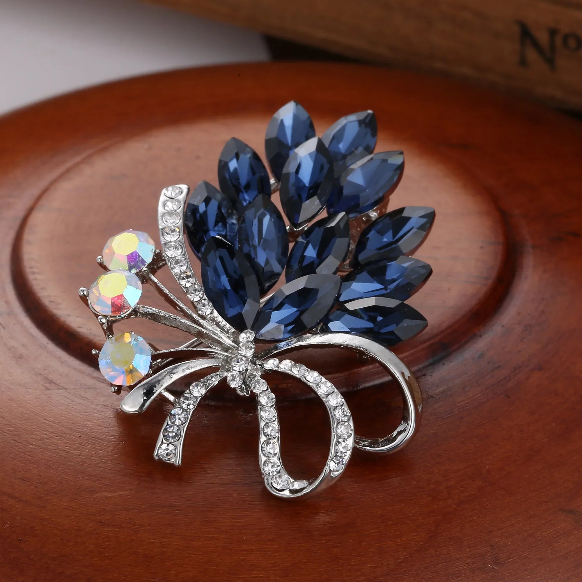 Femlion Shining Blue Glass Flower Brooches Vintage Crystal Lapel Pin Party Jewelry