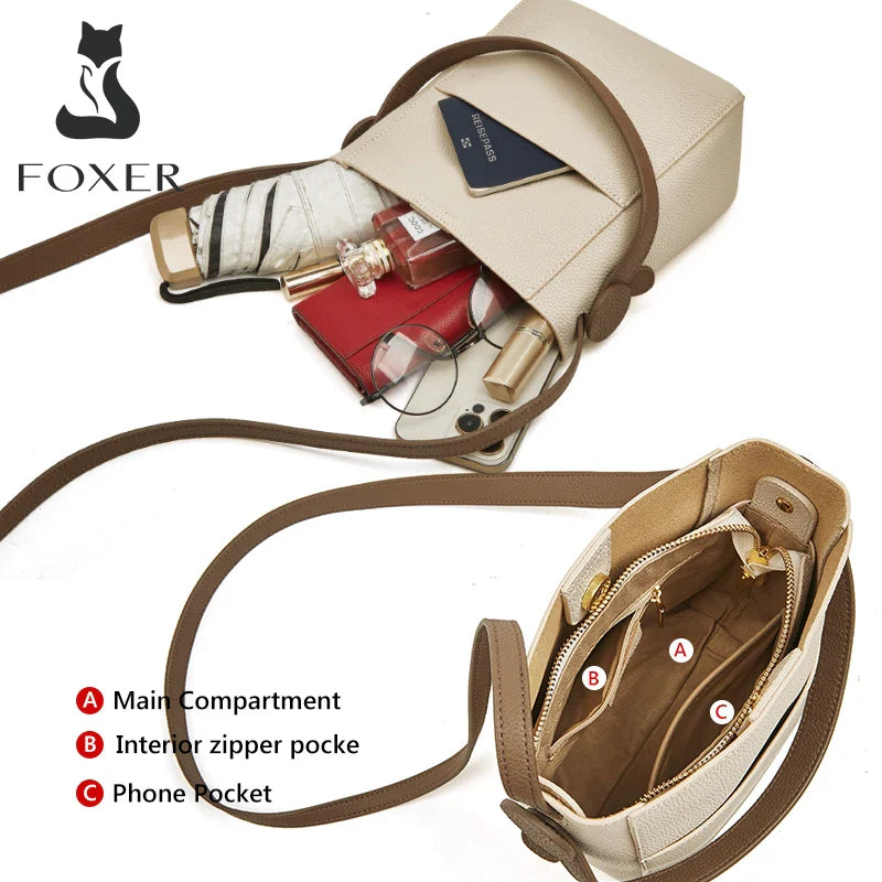 Femlion Split Leather Crossbody Bag for Women - Elegant Bucket Shoulder Messenger Handbag