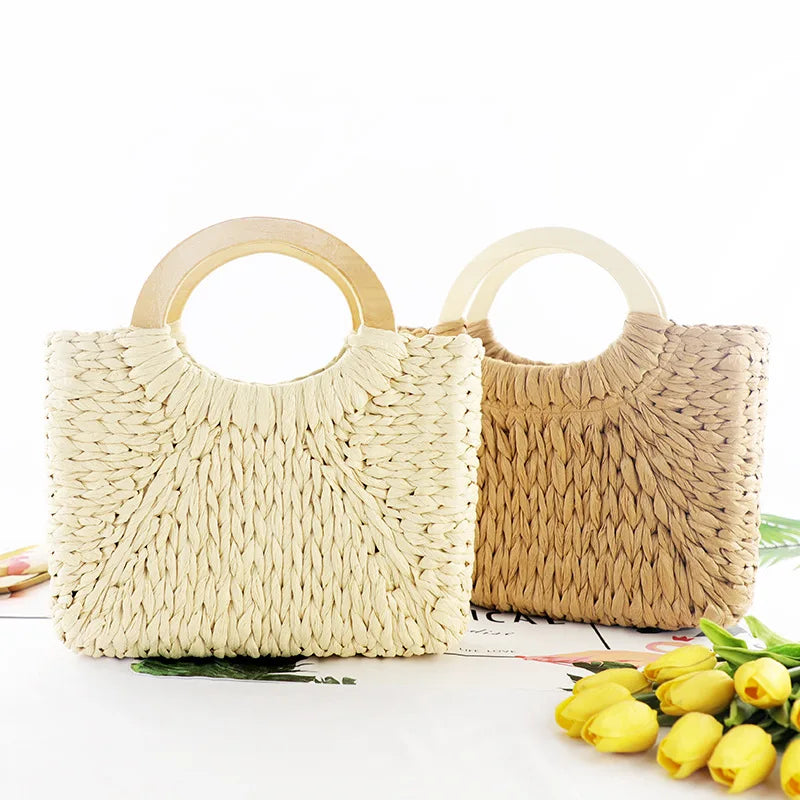 Femlion Retro Straw Woven Square Round Bucket Handbag for Women