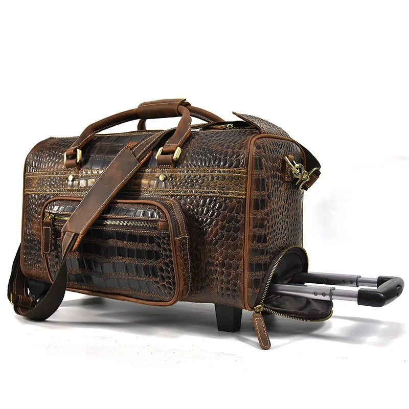 Femlion Alligator Strip Leather Men's Travel Bag Large Capacity Hand Luggage Bag