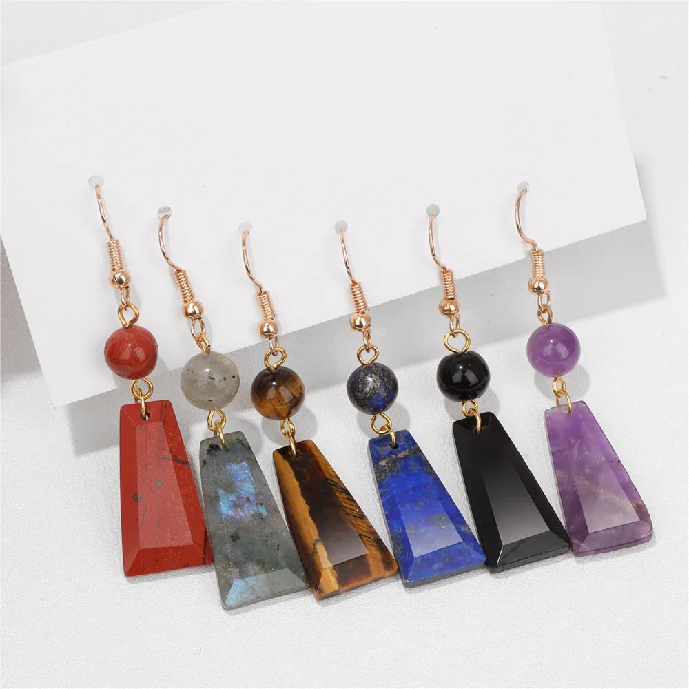 Femlion Geometric Stone Earrings: Tiger Eye, Amethyst Long Dangle Earrings for Women