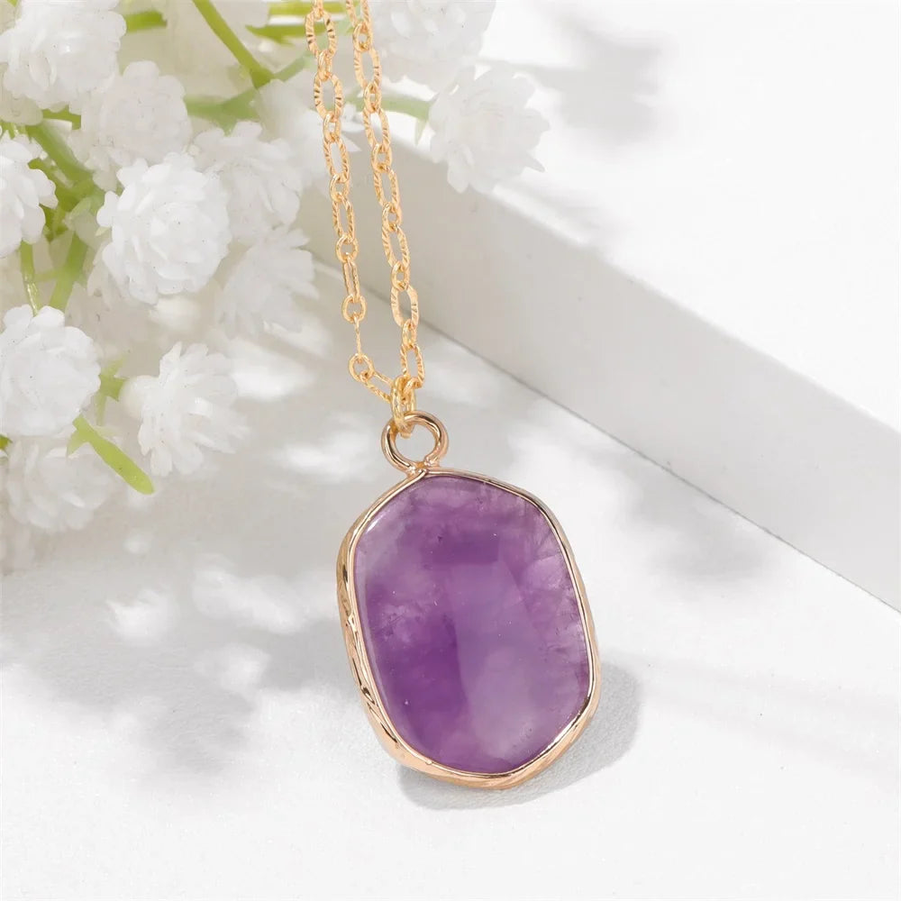 Femlion Amethysts Oval Crystal Necklace for Women - Healing Purple Stone Pendent Choker