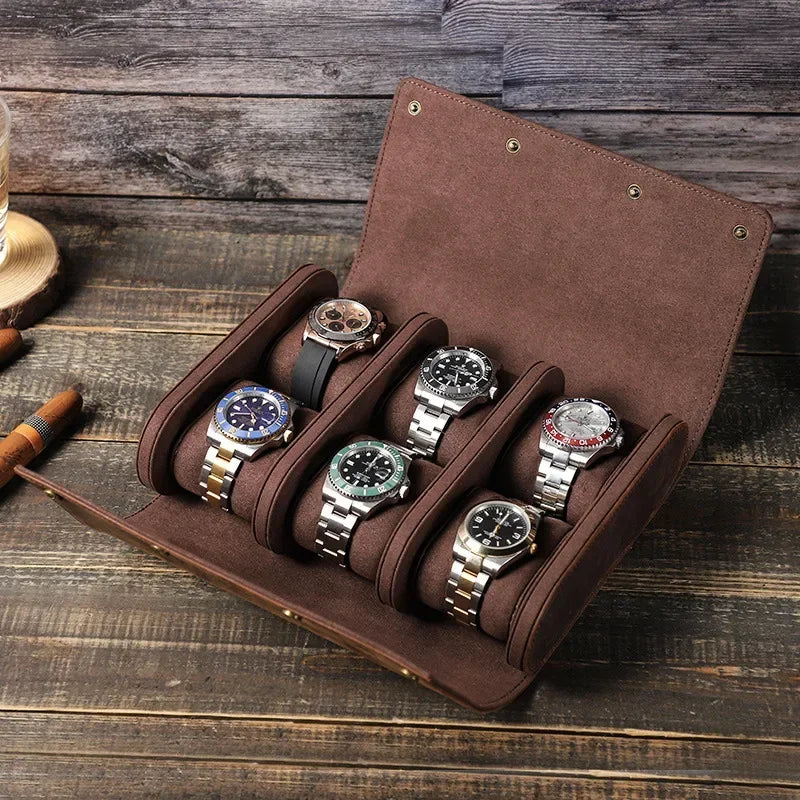 Femlion Crazy Horse Watch Box: 6-Piece Handmade Storage Box for Outdoor Travel