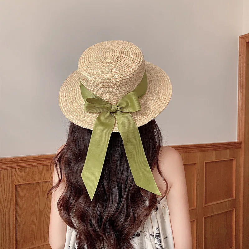 Femlion Bowknot Wide Brim Sun Hat for Women - Straw Boater Canotier Fedora