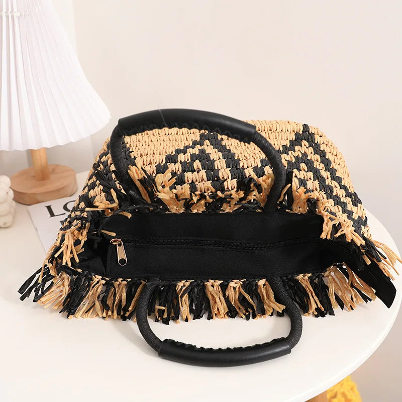 Femlion Retro Straw Bag Tassel Handbag Beach Totes Seaside Holiday Women's Hand-woven