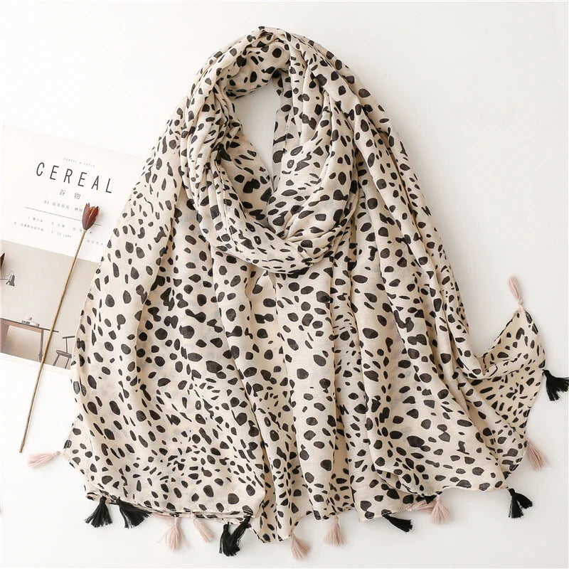 Femlion Spotted Leopard Print Tassel Scarf Shawls - Soft Linen Cotton Luxury Foulard Femme