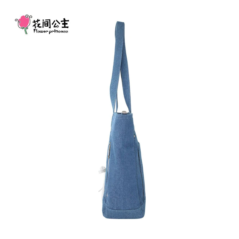 Femlion Denim Cloth Flower Princess Shoulder Bag & Tote - 2024 Trend Fashion Big Bags