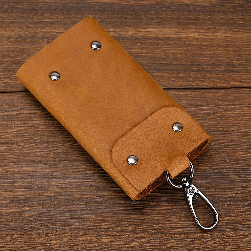 Femlion Retro Keycase Bag Crazy Horse Leather Key Wallet Key Clip Genuine Cowhide