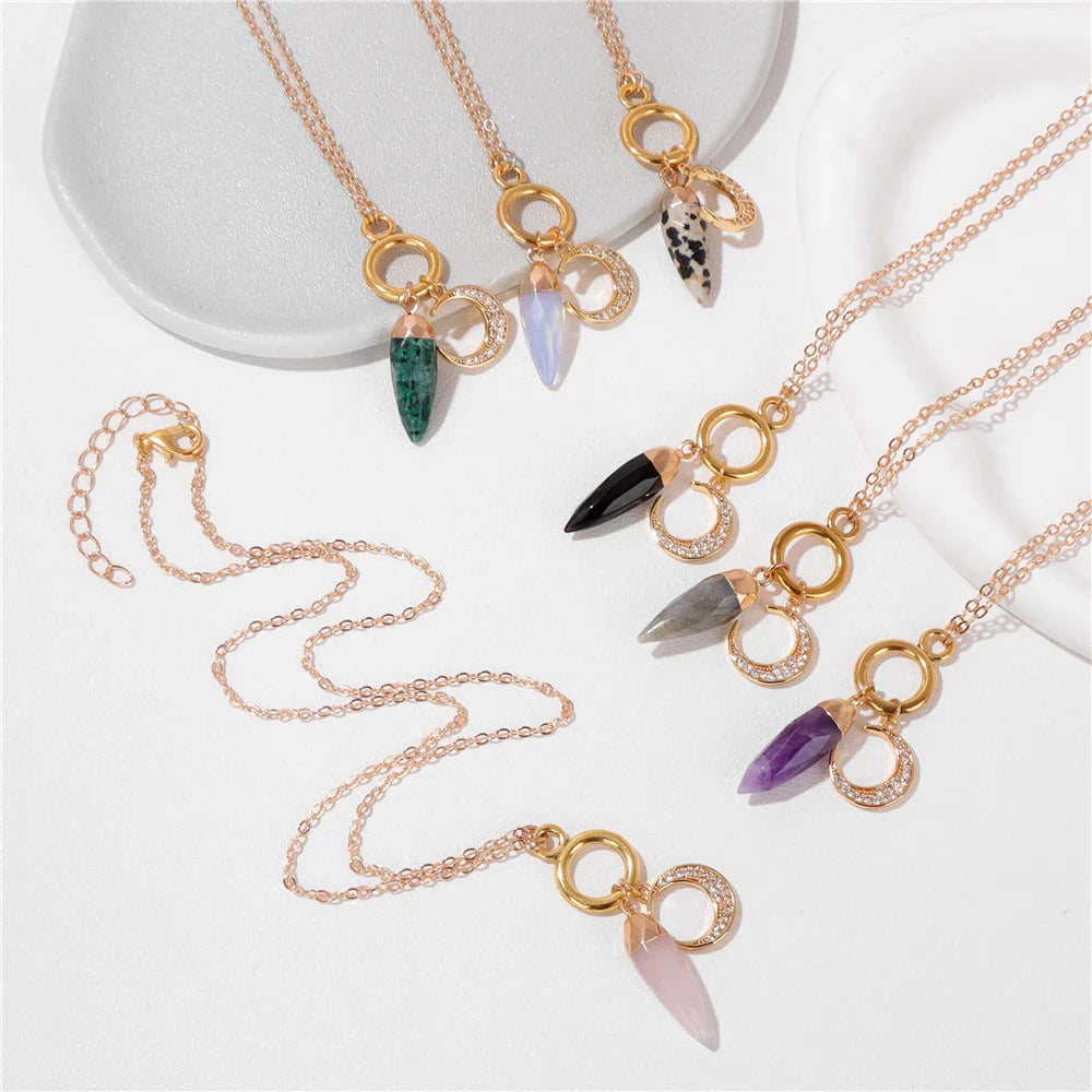 Femlion Crystal Stone Crescent Necklace with Agate Pendant for Women