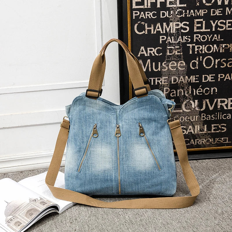 Femlion Denim Shoulder Bag Light Blue Luxury Tote Handbag for Women