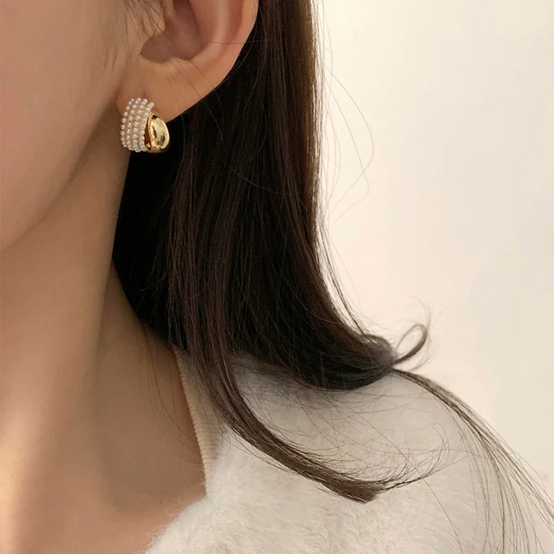 Femlion Gold Color Arc-Shaped Earrings with Imitation Pearl - 2024 Korean Fashion Jewelry