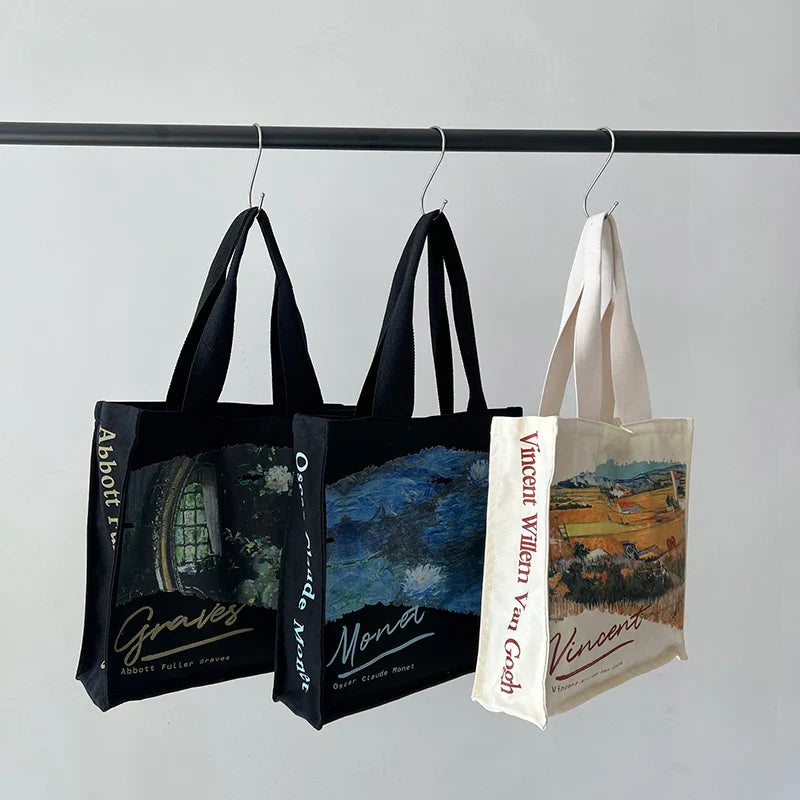 Artistic Femlion Canvas Shoulder Bag: High Capacity Tote with Famous Painting Print