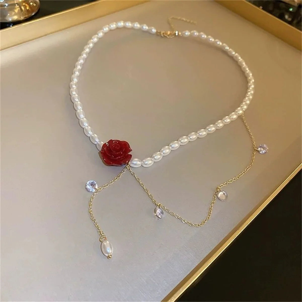 Femlion Elegant White Camellia Flower Necklace with Pearl Rose Choker for Women