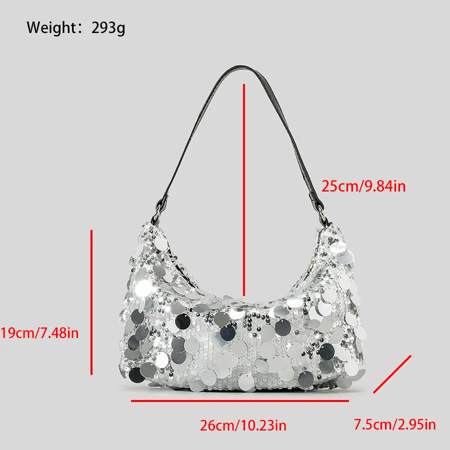 Femlion Sequins Half Moon Shoulder Bag Silver Crossbody Luxury Handbag