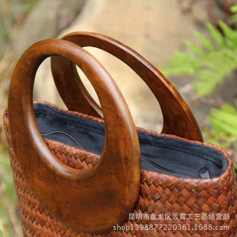 Femlion Woven Rattan Straw Handbag with Wooden Handle