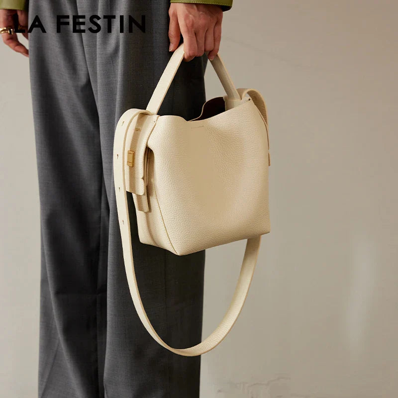 Femlion Genuine Leather Bucket Bag for Women