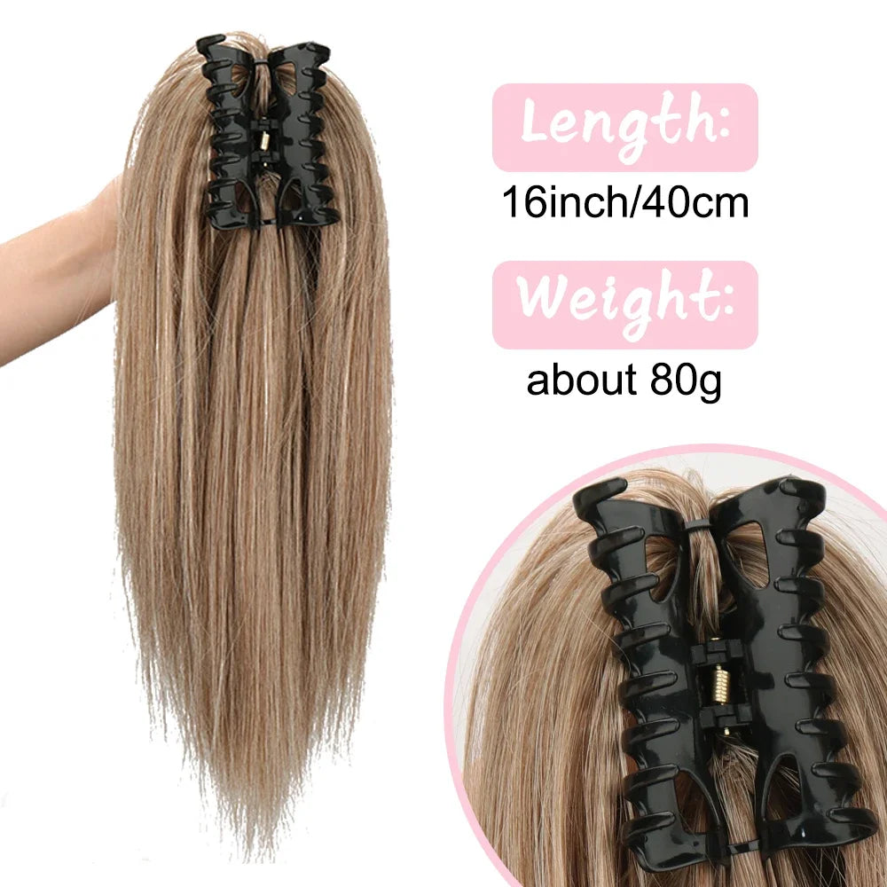 Femlion 16" Heat Resistant Claw Clip Ponytail Extensions, Blonde/Brown Straight Pony Tail