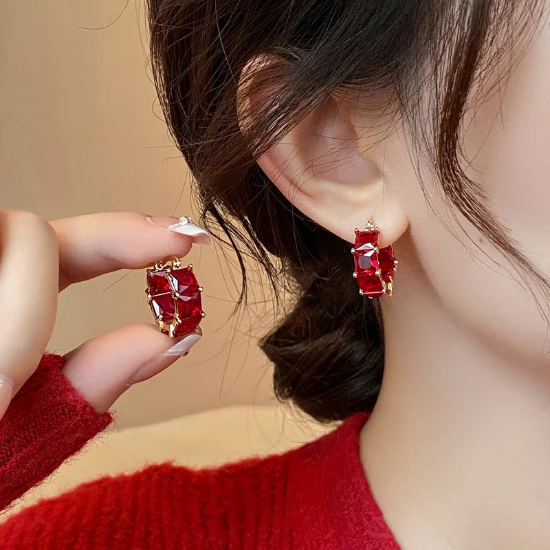 Femlion Red Crystal Zircon Square Hoop Earrings - 2024 Fashion Jewelry