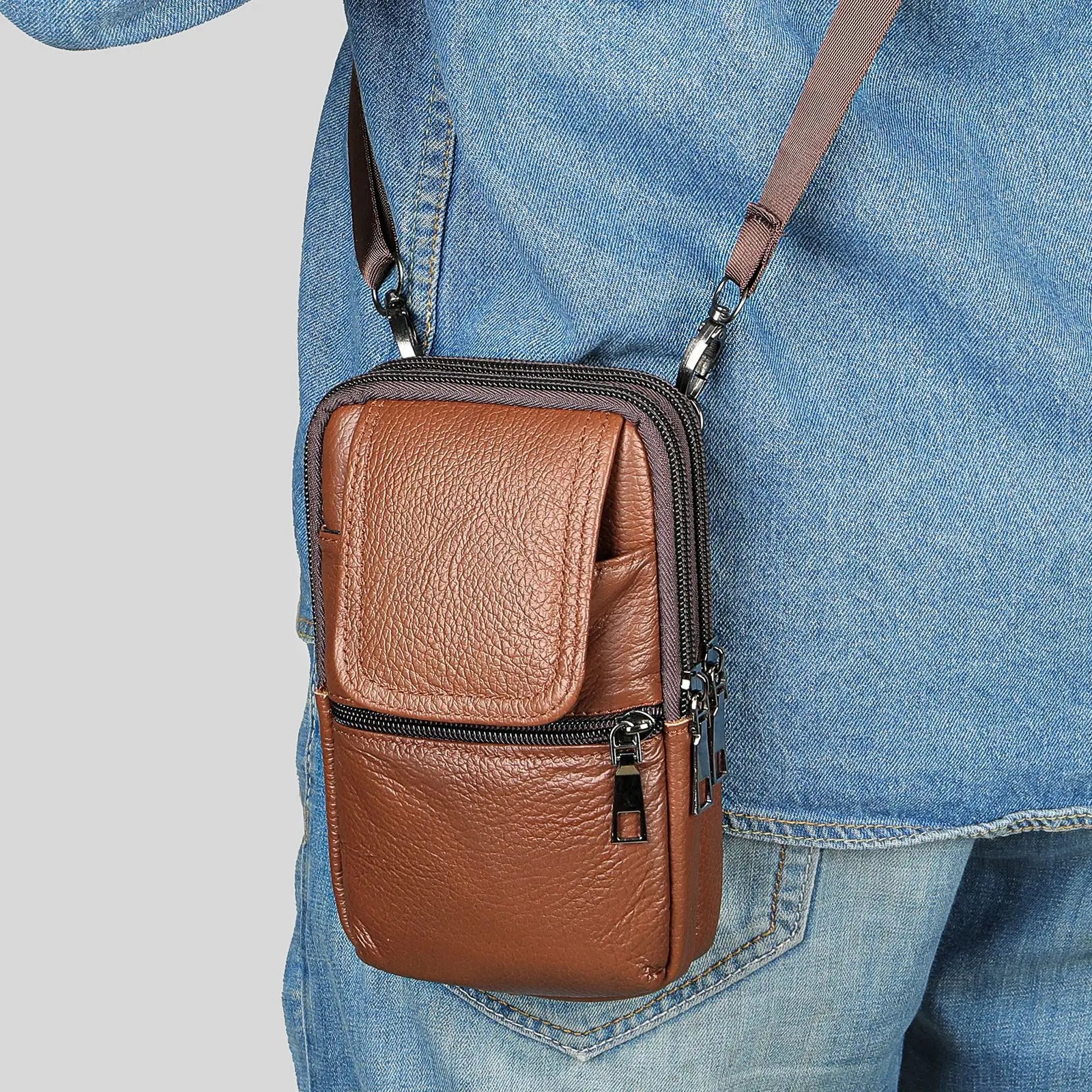 Femlion Men's Leather Waist Bag Phone Pouch for Outdoor Wear, Belt & Shoulder Pack