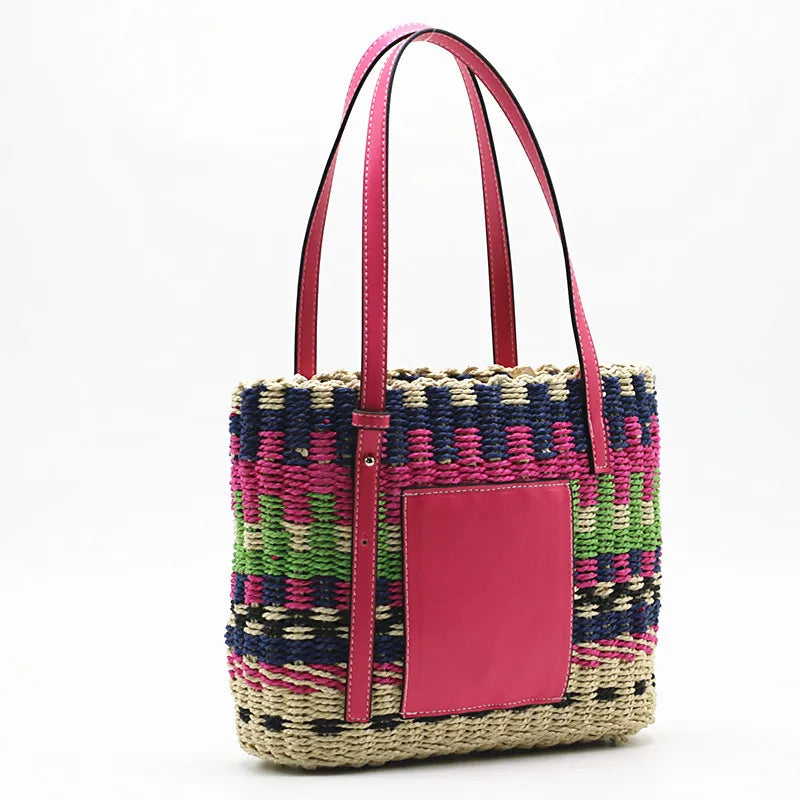 Femlion Summer Straw Woven Handbag - Women's Shoulder Beach Bag