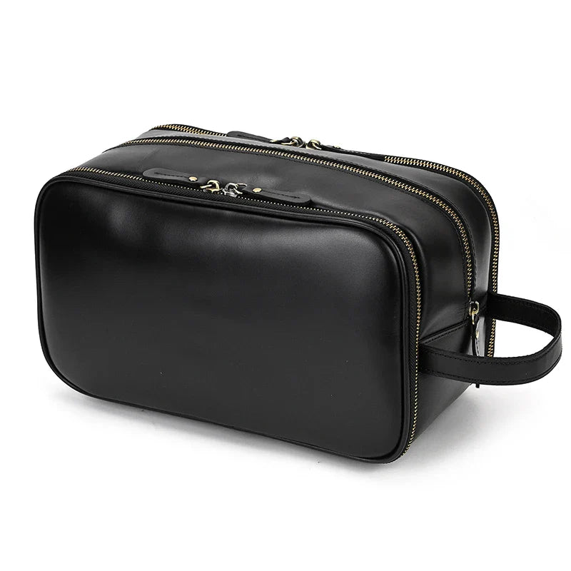 Femlion Black Leather Toiletry Travel Bag for Luxury Style Storage