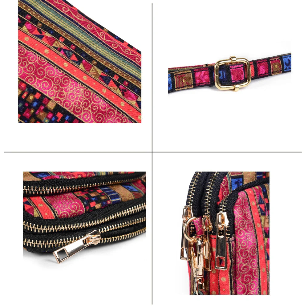 Femlion Bohemian Style Crossbody Bag - Fabric Small Purse with Card Slots, for Women