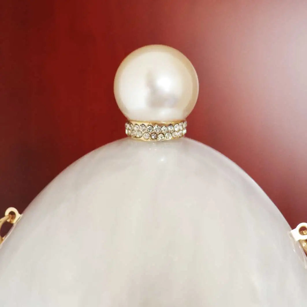 Femlion White Acrylic Egg Purse with Pearl Chain - Stylish Shoulder Handbag for Women