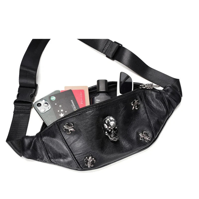 Femlion Leather Skull Chests Bag - Punk Style Fanny Pack & Phone Pouch