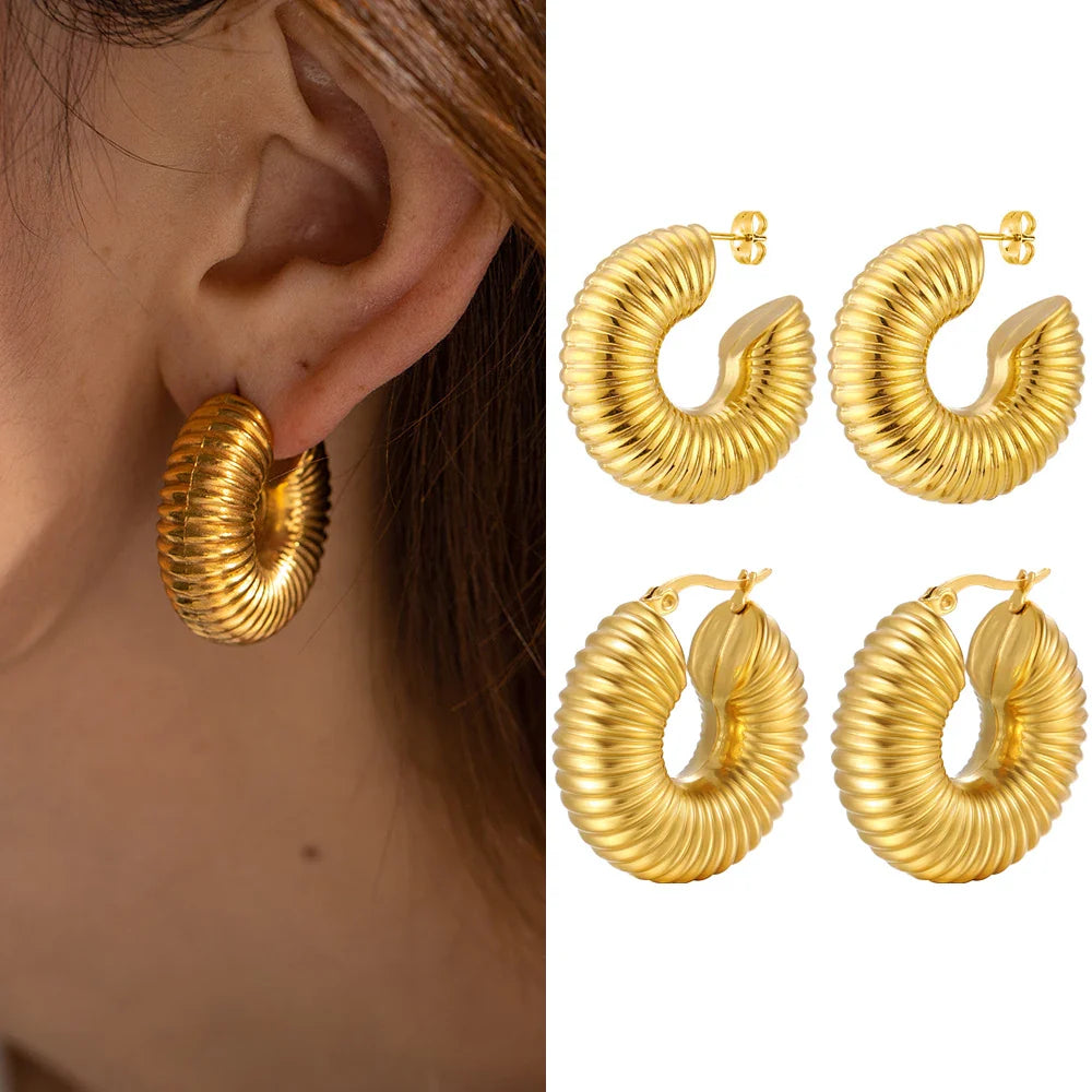 Femlion Gold Plated Chunky Hoop Earrings: Thread Texture Vintage Jewelry