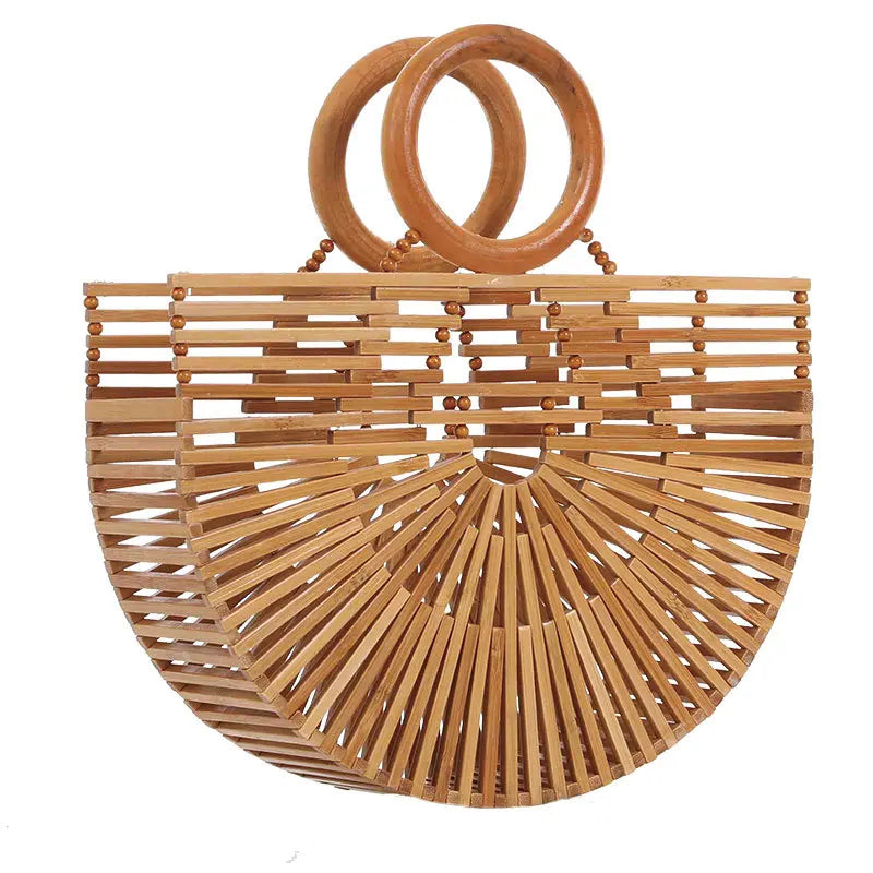 Femlion Bamboo Beach Bag - 2020 Retro Style Hand-Held Half Round Basket