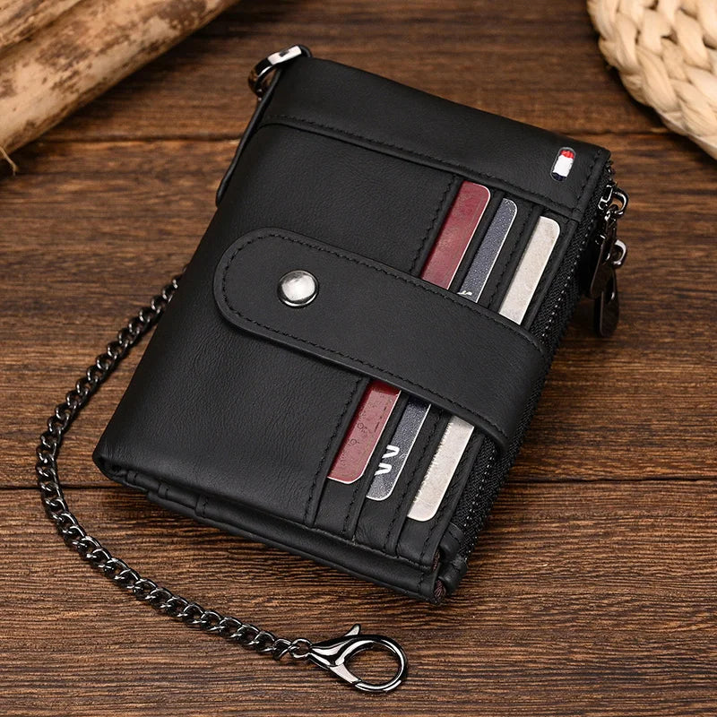 Femlion Luxury Cowskin Wallet with Iron Chain Card Holder for Men and Women