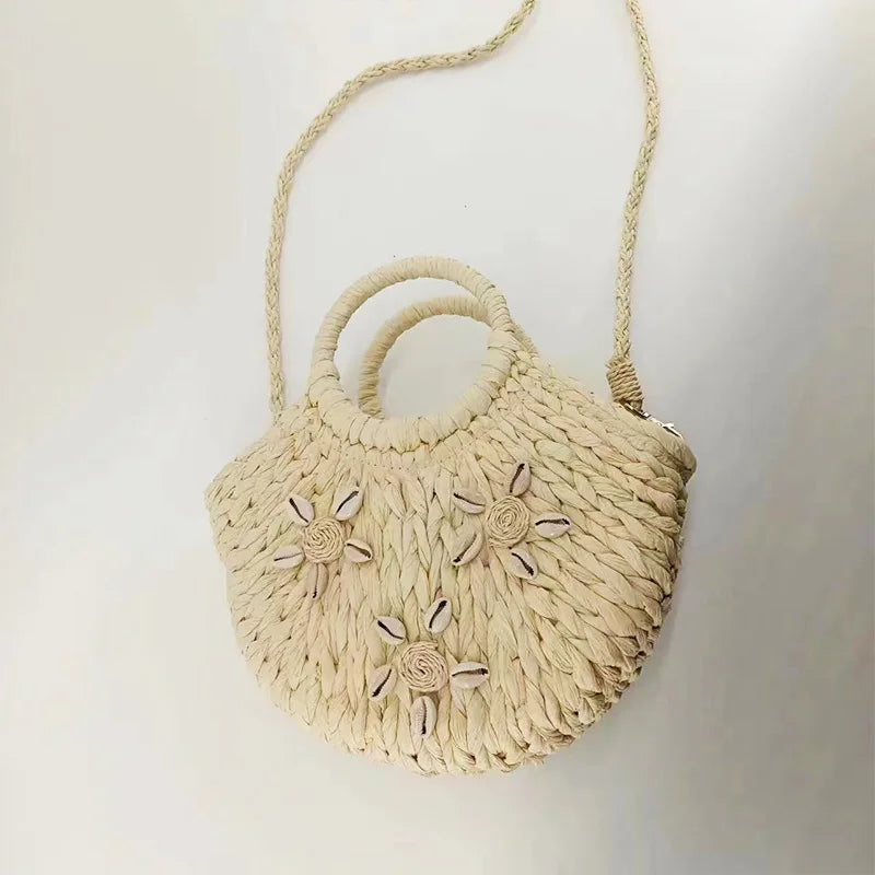 Femlion Retro One-Shoulder Straw Bag - Beach Resort Half-Round Hand-Woven Shell Bag