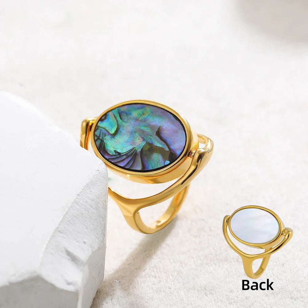 Femlion White & Abalone Shell Rotating Charm Ring for Women