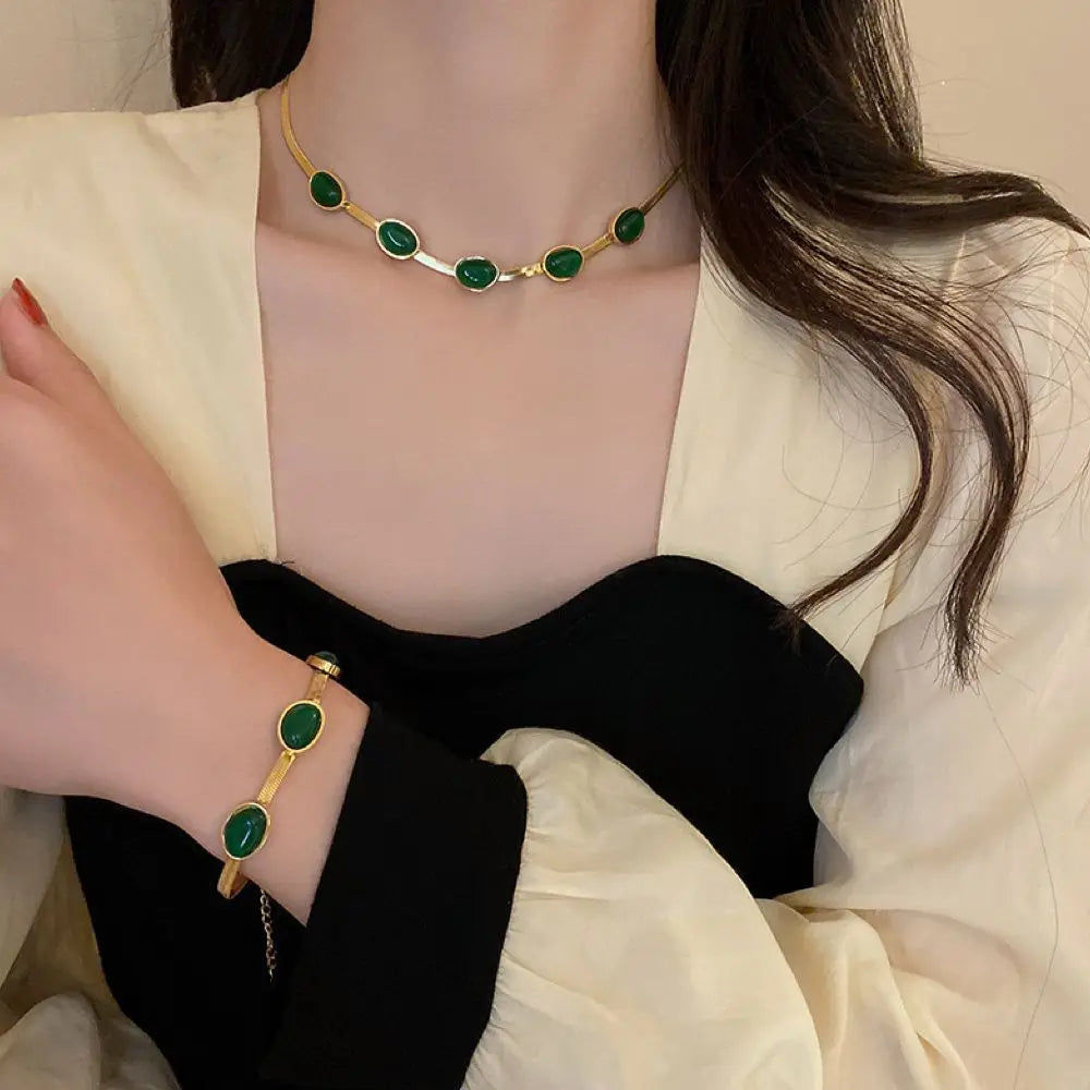Emerald Stainless Steel Jewelry Set by Femlion: Creative Retro Design, High Quality, Blade Chain, Luxury Gift