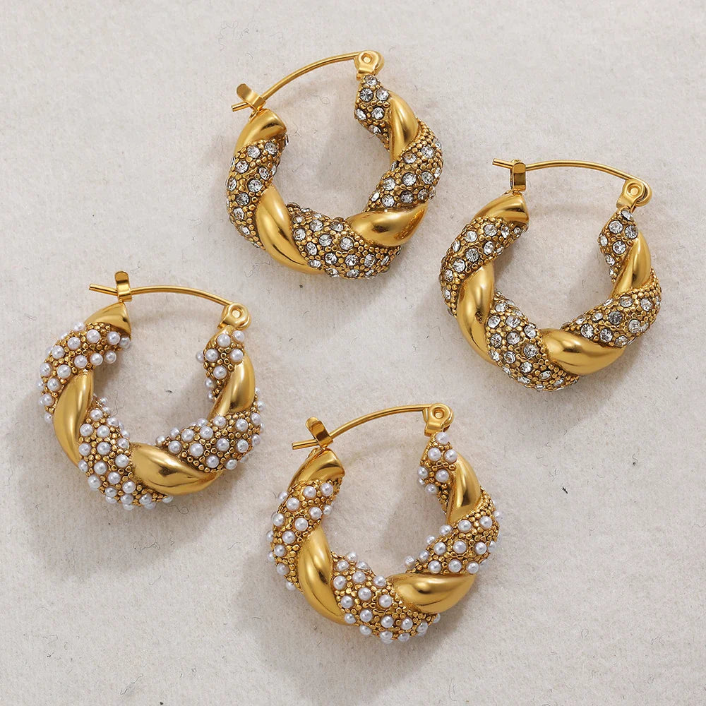 Femlion Twisted Hoop Earrings: Gold Plated Pearl Zircon Fashion Statement Jewelry