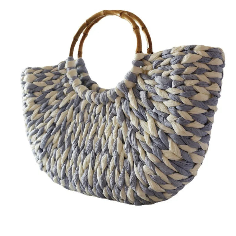 Femlion Bamboo Handle Blue White Woven Beach Bag Handheld Shoulder Women's Bag