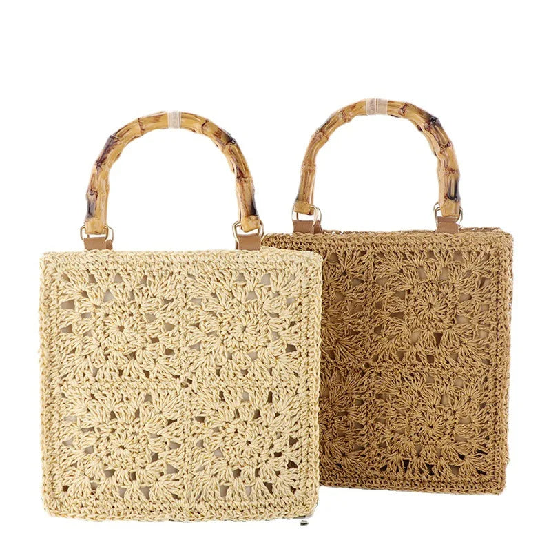 Femlion Bamboo Handle Straw Woven Bag Small Fresh Beach Bag Women's Fashion