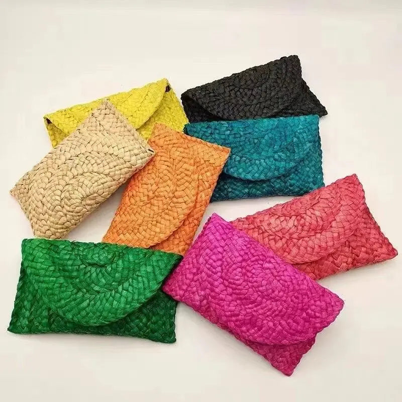 Femlion Straw Envelope Clutch Bag Colorful Summer Beach Purse Corn Fur Woven 2024