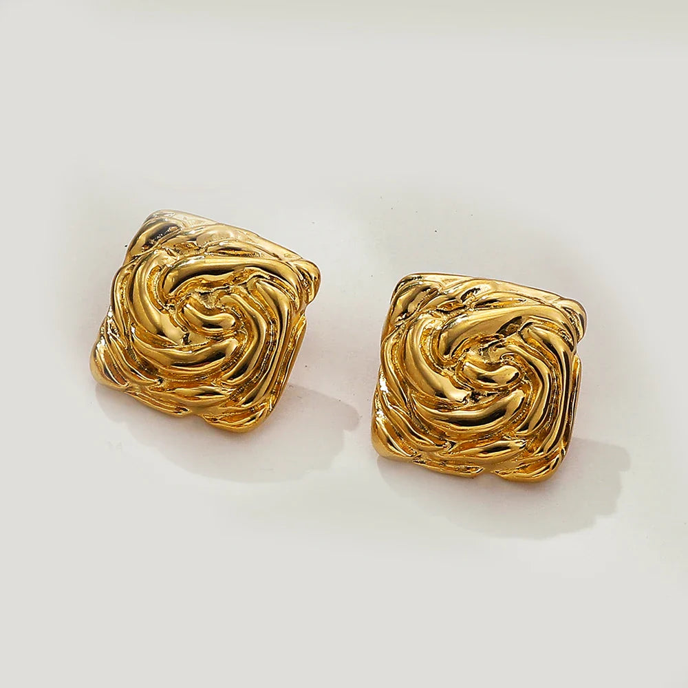 Femlion Gold Plated Roseflower Drop Earrings - Geometric Square Design