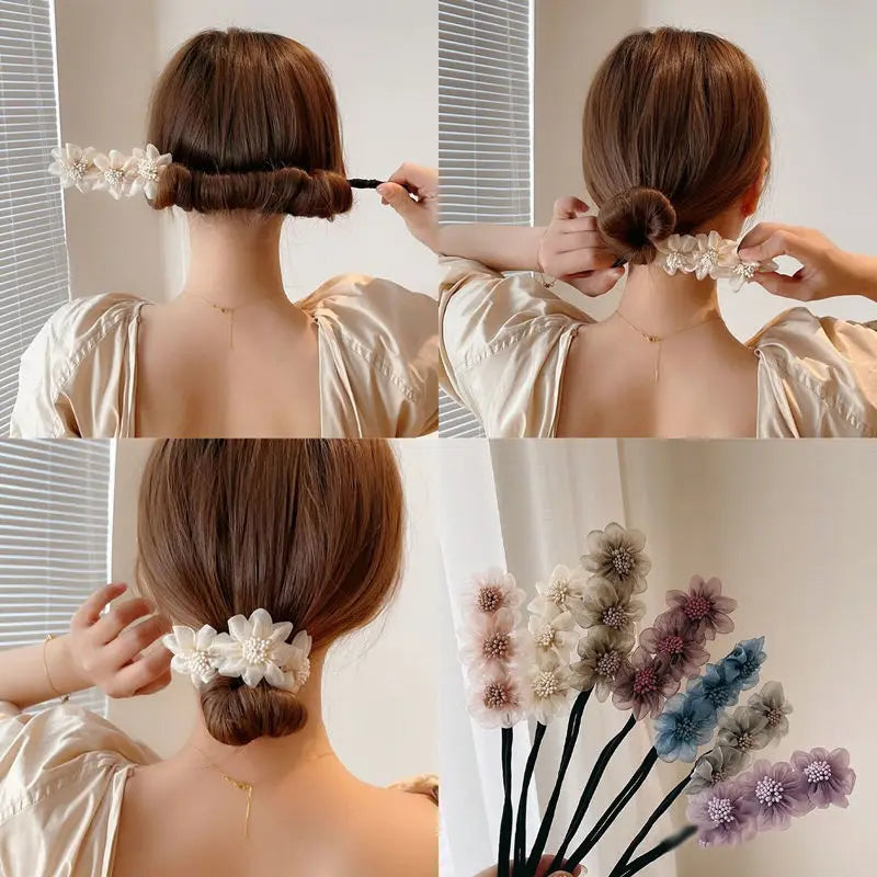 Femlion Elegant Chiffon Flower Bun Maker for Women - Sweet Korean Hairstyle Tool