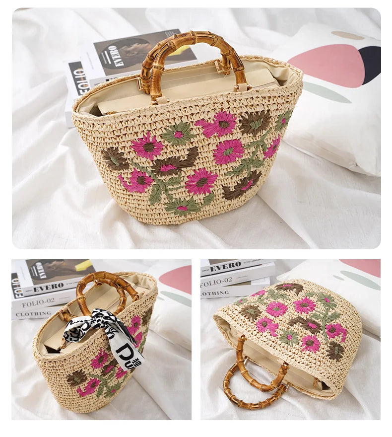 Femlion Small Flower Bag Rattan Handbag Beach Fashion Handbag Women's Bag